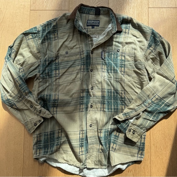 POINT ZERO WORKWEAR VINTAGE PLAID BUTTON DOWN TAN AND TEAL - M - Picture 13 of 17